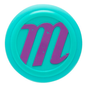 End cap view of a teal baseball bat with a raised purple m logo and concentric rings.
