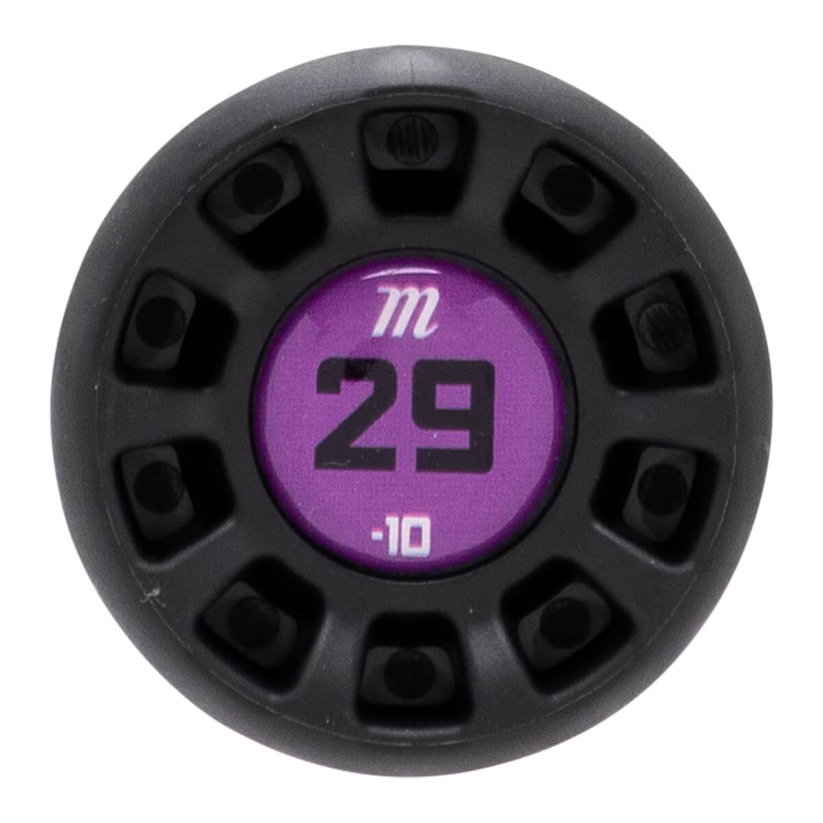 Top-down view of a black bat end cap with a central purple circle displaying m 29 -10 and a spoked outer ring.