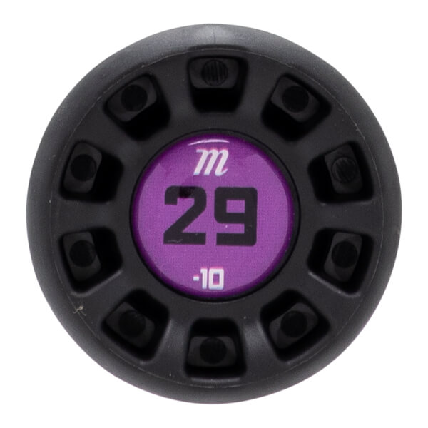 Top-down view of a black bat end cap with a central purple circle displaying m 29 -10 and a spoked outer ring.