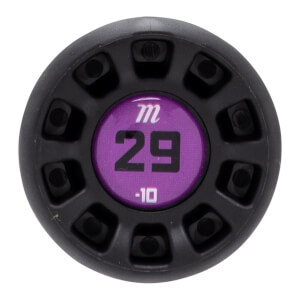 Top-down view of a black bat end cap with a central purple circle displaying m 29 -10 and a spoked outer ring.