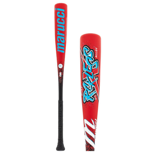 Two views of a red baseball bat with a full vertical view showing Marucci and a close-up of the barrel showing Rckless.