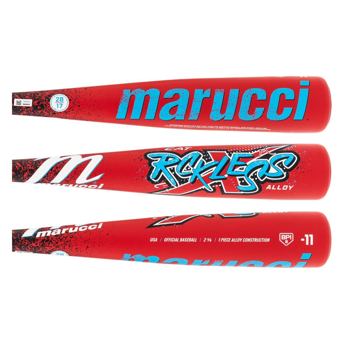 Side view of a red baseball bat with blue Marucci branding, CAT Rckless graphic, and -11 drop weight.