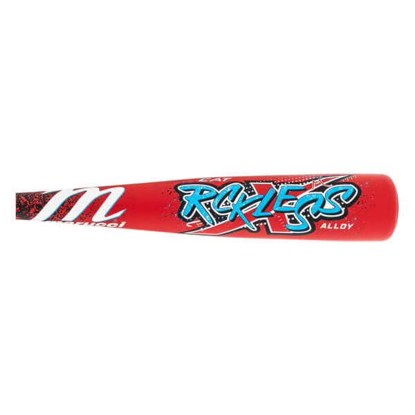 Side view of a red baseball bat with a white Marucci M logo, blue Rckless text, and black splatter design.