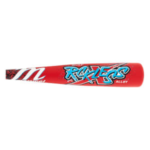 Side view of a red baseball bat with a white Marucci M logo, blue Rckless text, and black splatter design.
