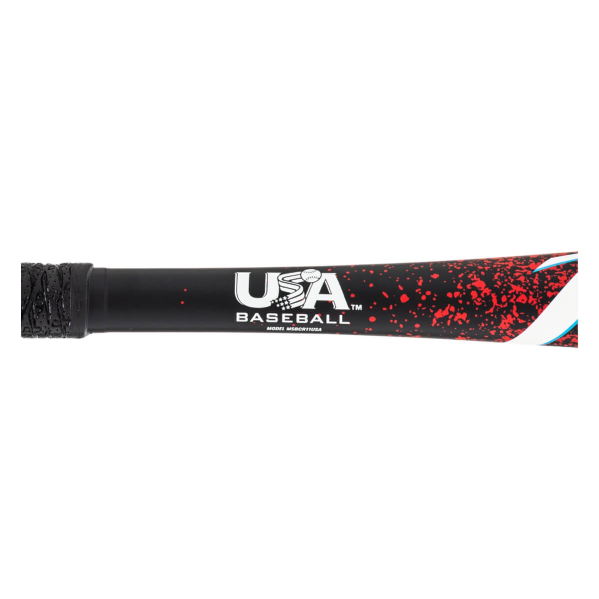 Mid-section view of a black baseball bat with a textured grip, white USA Baseball logo, and red splatter design.