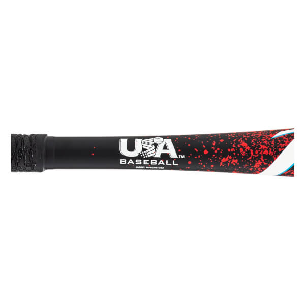 Mid-section view of a black baseball bat with a textured grip, white USA Baseball logo, and red splatter design.