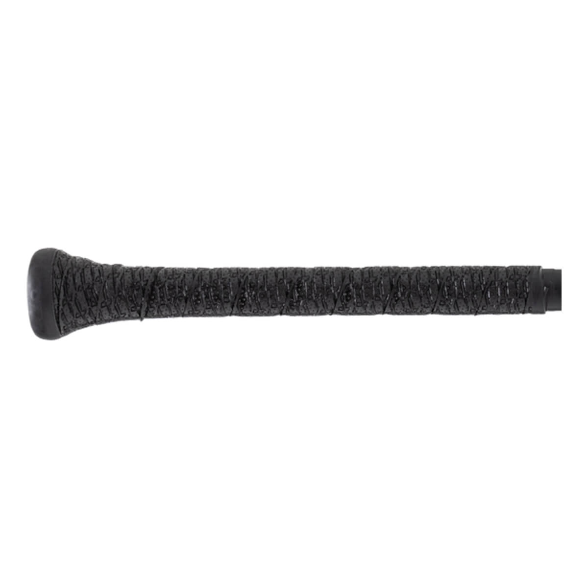 Side close-up of a black baseball bat handle with a textured, wrapped grip and a rounded knob.