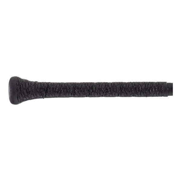 Side close-up of a black baseball bat handle with a textured, wrapped grip and a rounded knob.