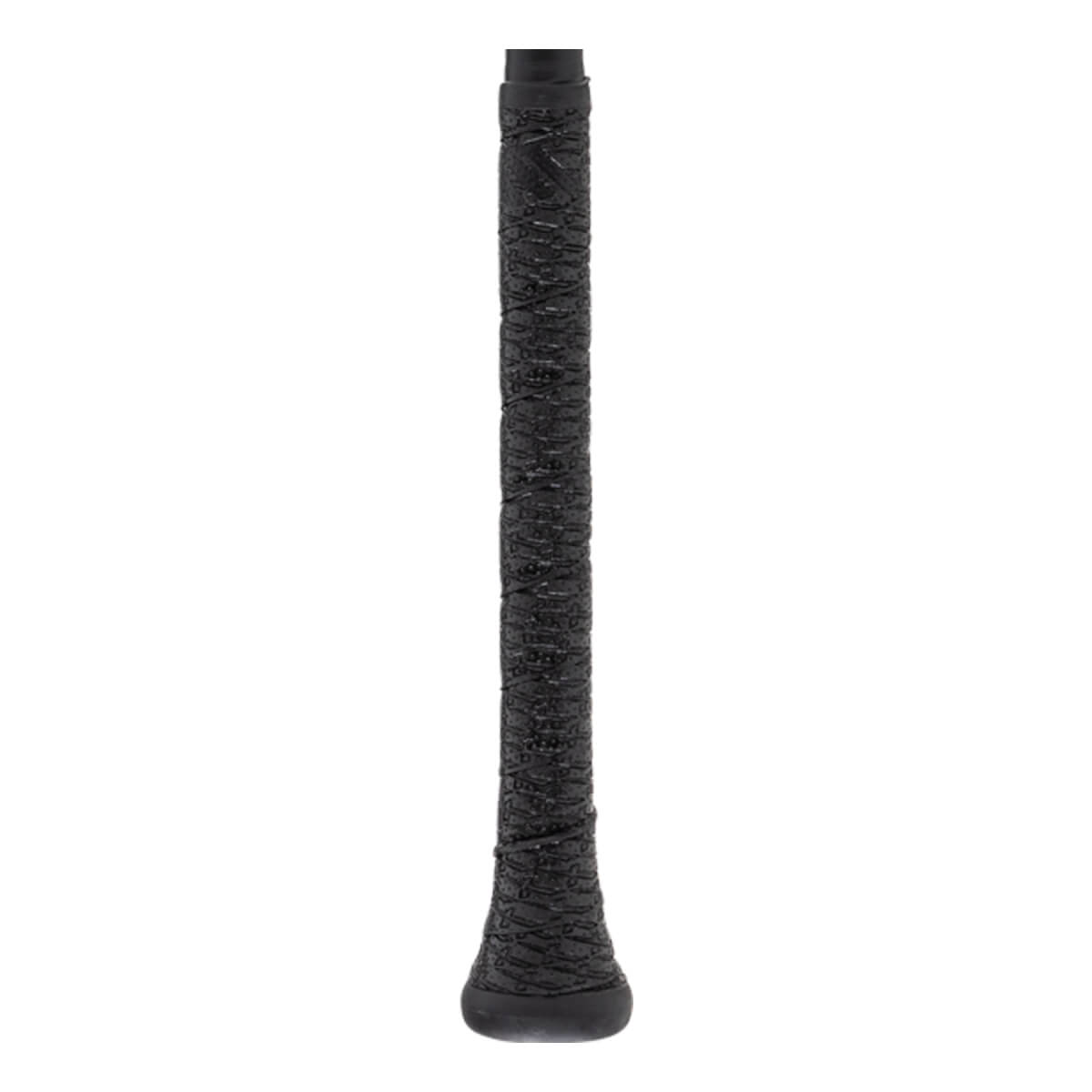 Close-up of a black baseball bat handle with a textured grip and a rounded knob at the bottom.