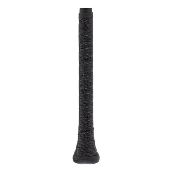 Close-up of a black baseball bat handle with a textured grip and a rounded knob at the bottom.