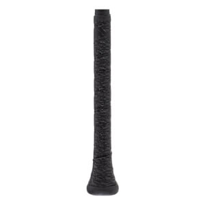 Close-up of a black baseball bat handle with a textured grip and a rounded knob at the bottom.