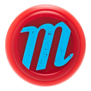 Top-down close-up of a red baseball bat end cap with a darker red inner circle and a blue m logo.