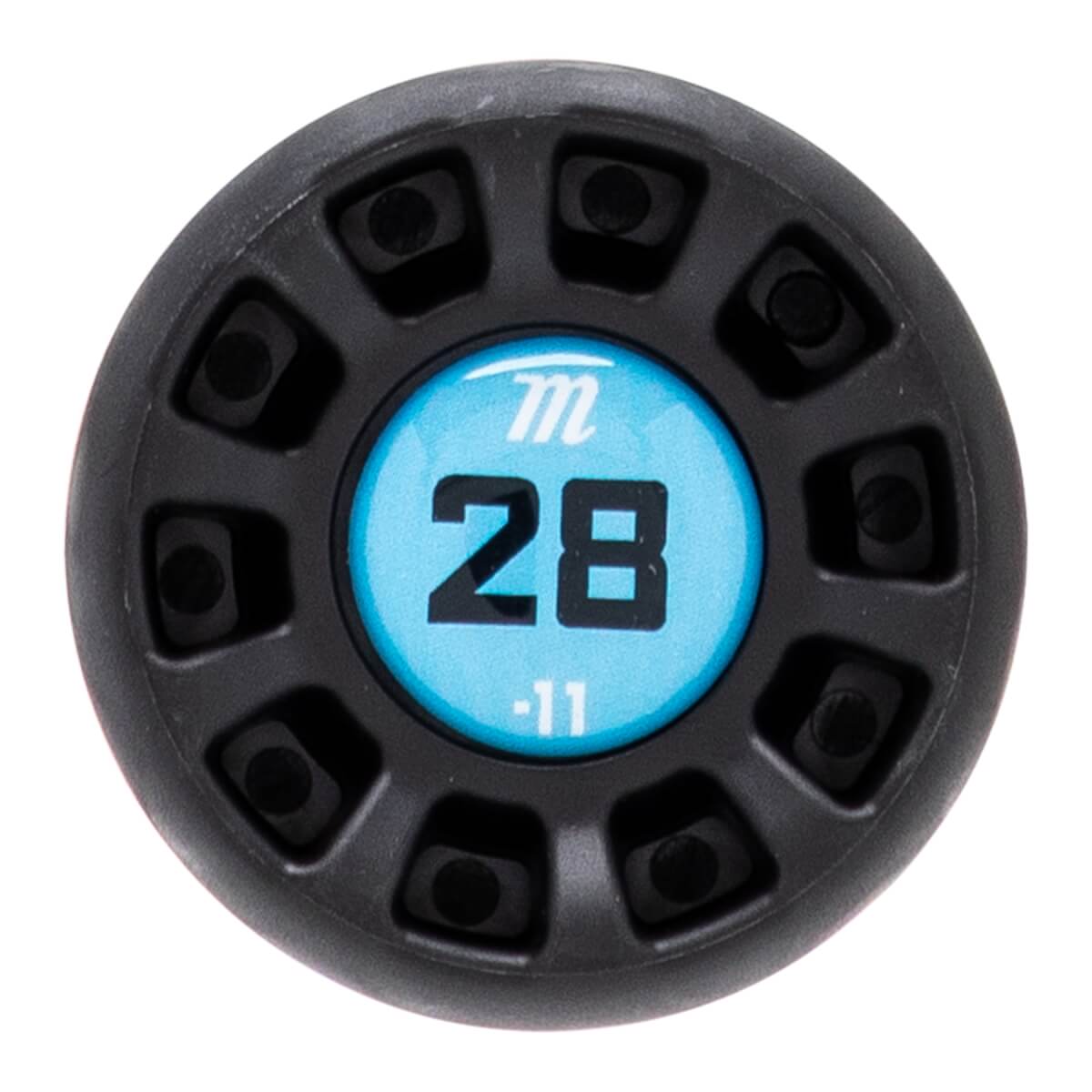 Top-down view of a black baseball bat end cap with recessed squares and a light blue center showing M, 28, and -11.