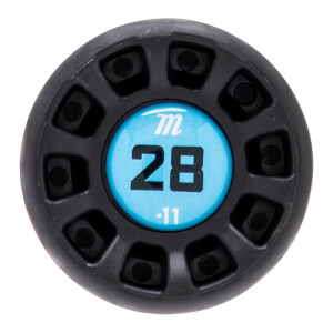 Top-down view of a black baseball bat end cap with recessed squares and a light blue center showing M, 28, and -11.