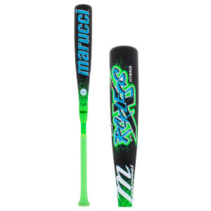 Side view of a black baseball bat with a neon green grip, next to a close-up of its barrel with RCKLESS in green and blue.