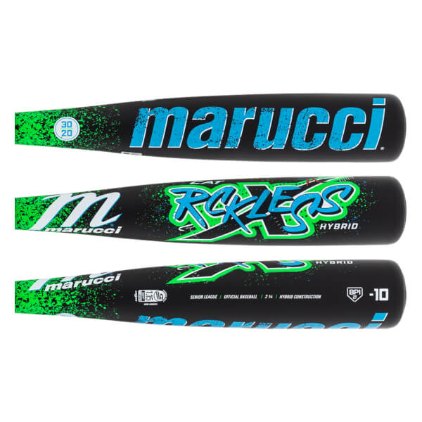 Multiple views of a black hybrid baseball bat with blue marucci text, green Rckless graphic, and speckled green design.
