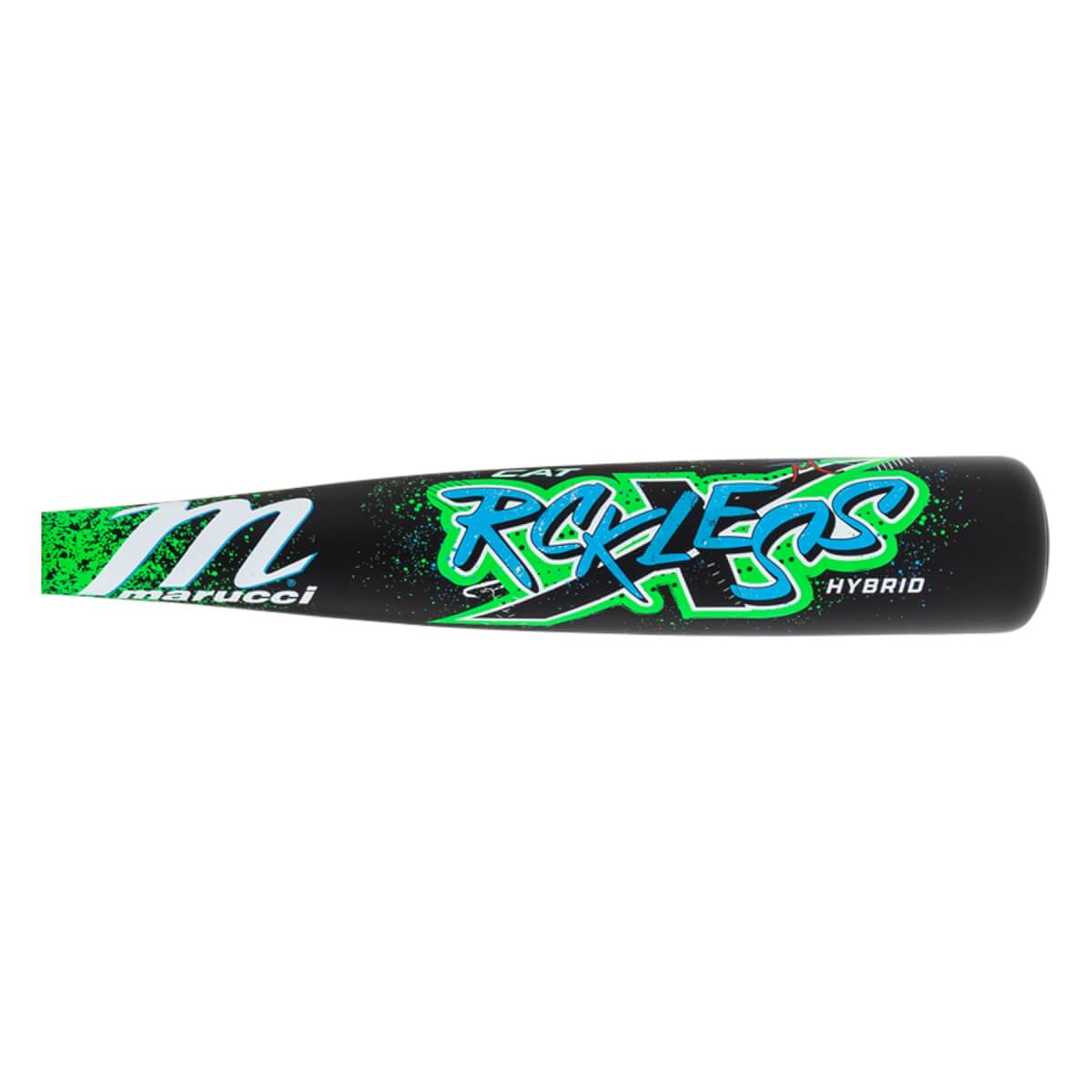 Side view of a black baseball bat with a green and blue Rckless graphic and white Marucci logo.