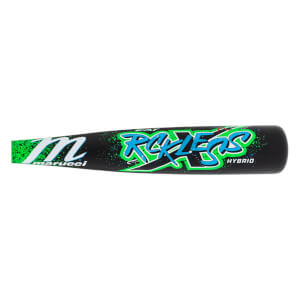 Side view of a black baseball bat with a green and blue Rckless graphic and white Marucci logo.