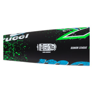 Close-up of a black baseball bat with Marucci branding, green/blue graphics, and USSSA stamp.