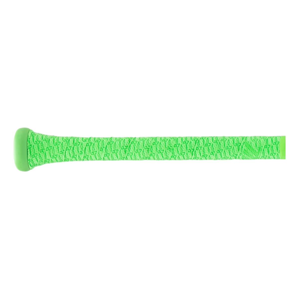 Side view of a bright green baseball bat handle with a textured grip pattern and a lighter green knob.