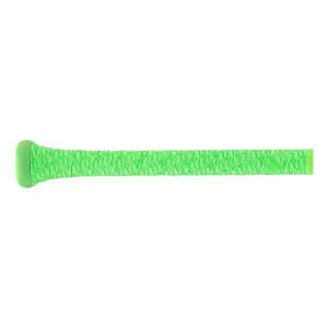 Side view of a bright green baseball bat handle with a textured grip pattern and a lighter green knob.