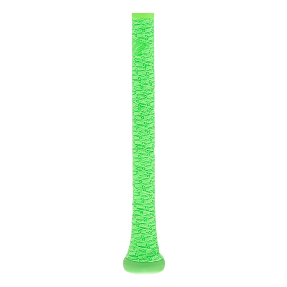 Front view of a neon green baseball bat grip with a textured M-shaped pattern and a flared knob.