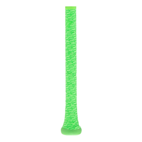 Front view of a neon green baseball bat grip with a textured M-shaped pattern and a flared knob.