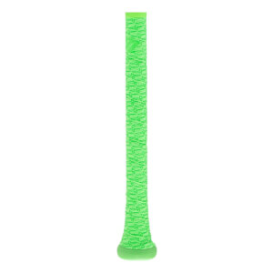 Front view of a neon green baseball bat grip with a textured M-shaped pattern and a flared knob.