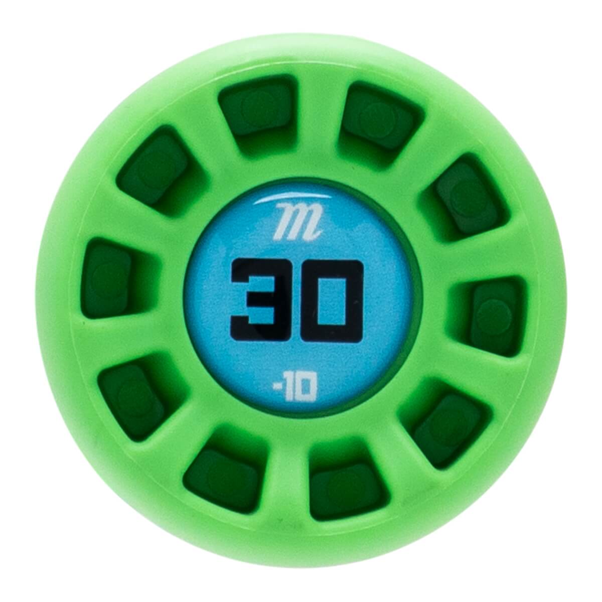 Top-down view of a bright green baseball bat end cap with a spoked design and a blue center showing M, 30, and -10.