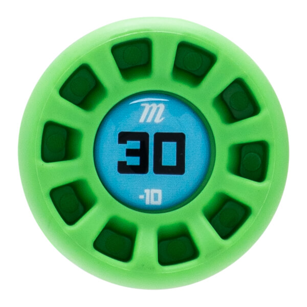 Top-down view of a bright green baseball bat end cap with a spoked design and a blue center showing M, 30, and -10.