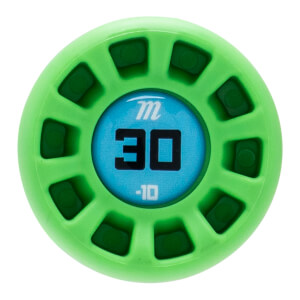 Top-down view of a bright green baseball bat end cap with a spoked design and a blue center showing M, 30, and -10.