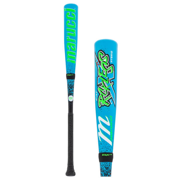 Side view of a bright blue baseball bat with neon green Marucci, Rckless, and Hybrid text, and a black grip.