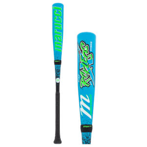 Side view of a bright blue baseball bat with neon green Marucci, Rckless, and Hybrid text, and a black grip.