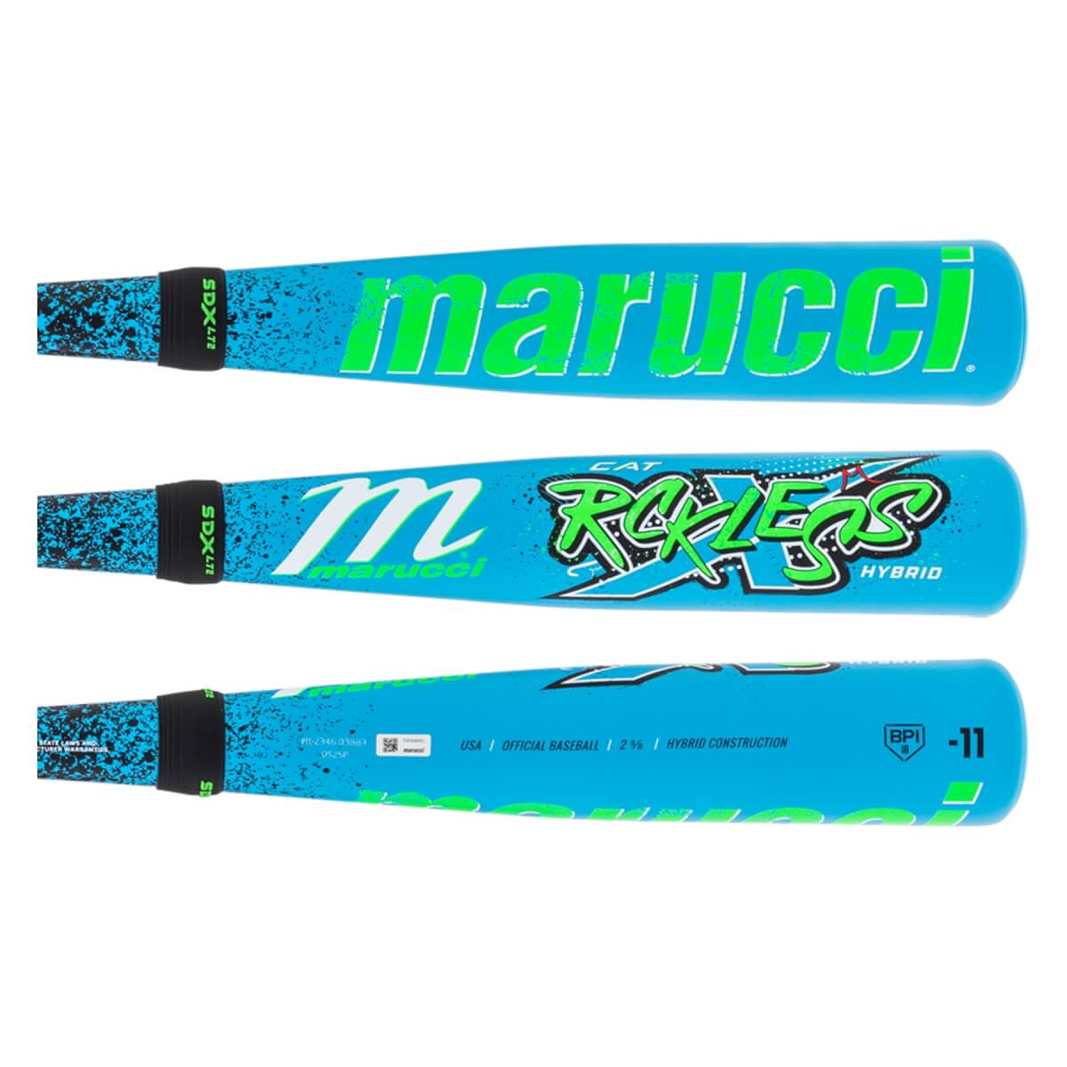 Multiple views of a blue baseball bat with neon green Marucci and RCKLESS HYBRID text, and speckled black grip.