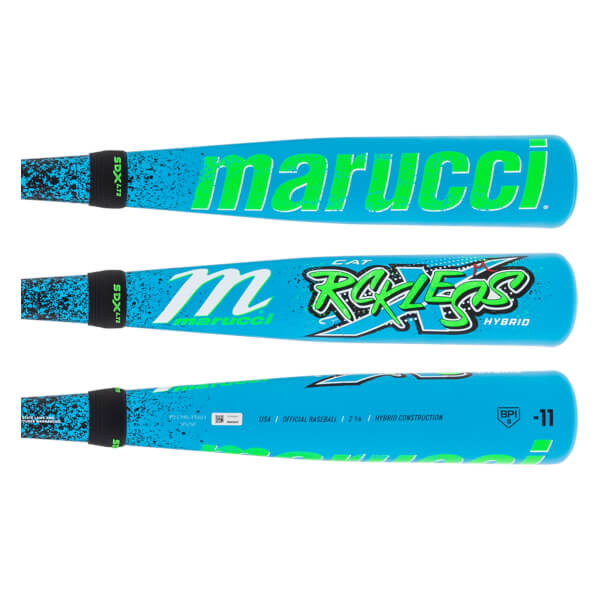 Multiple views of a blue baseball bat with neon green Marucci and RCKLESS HYBRID text, and speckled black grip.
