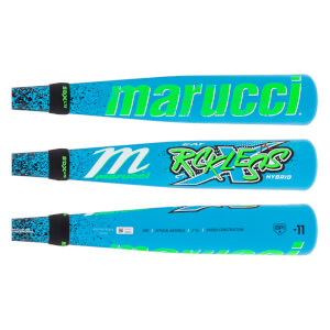 Multiple views of a blue baseball bat with neon green Marucci and RCKLESS HYBRID text, and speckled black grip.