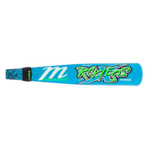 Side view of a blue baseball bat with a black speckled grip, white Marucci logo, and green Rckless text.