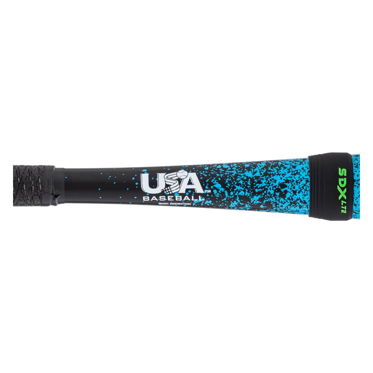 Close-up of a black baseball bat handle with blue splatter, a white USA Baseball logo, and a black grip with green SDX LITE text.