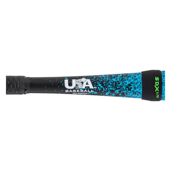 Close-up of a black baseball bat handle with blue splatter, a white USA Baseball logo, and a black grip with green SDX LITE text.
