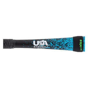 Close-up of a black baseball bat handle with blue splatter, a white USA Baseball logo, and a black grip with green SDX LITE text.
