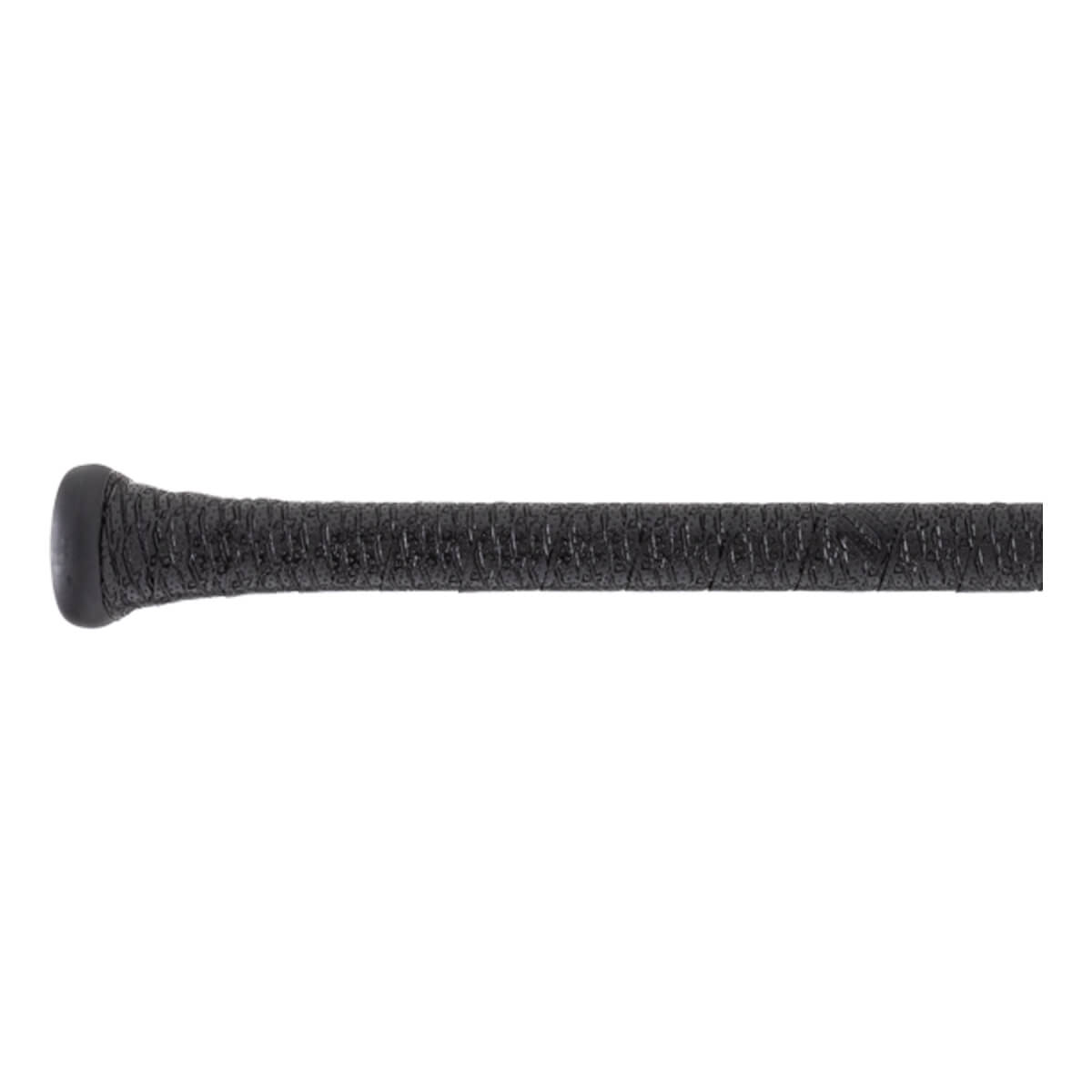 Side view of a black baseball bat handle with a textured grip and a rounded knob.