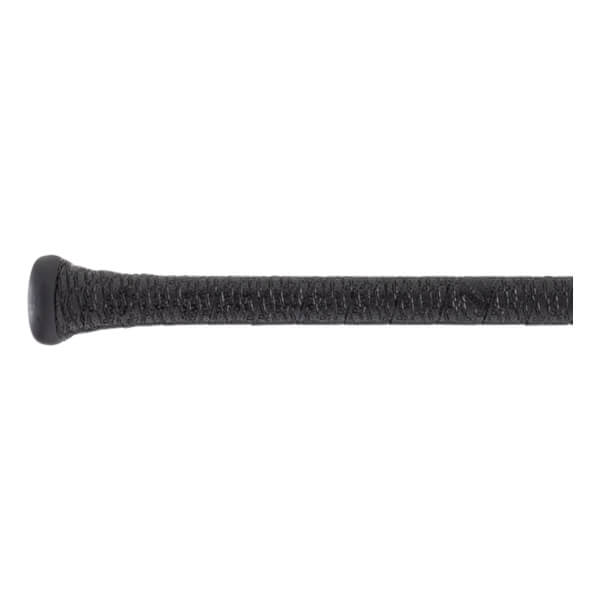 Side view of a black baseball bat handle with a textured grip and a rounded knob.