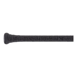 Side view of a black baseball bat handle with a textured grip and a rounded knob.