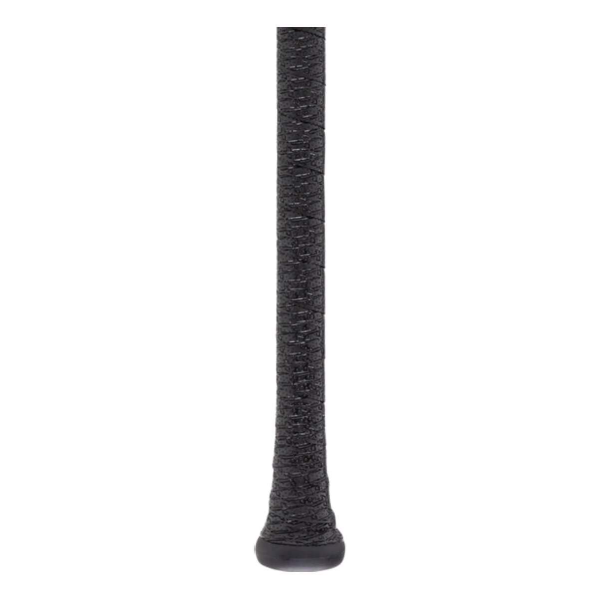 Close-up of black baseball bat handle with a textured grip and flared knob.