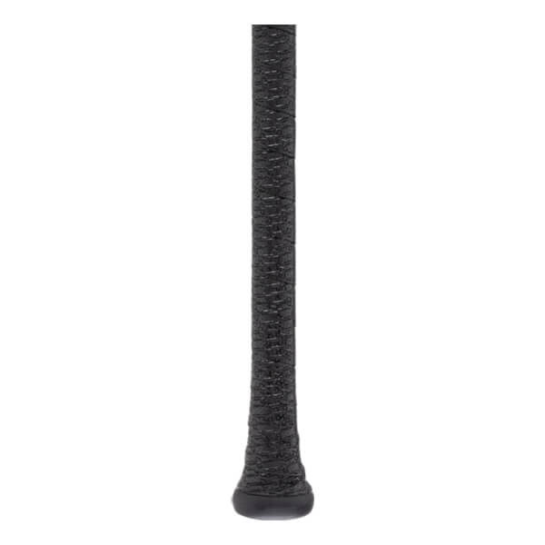 Close-up of black baseball bat handle with a textured grip and flared knob.