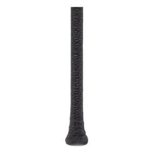 Close-up of black baseball bat handle with a textured grip and flared knob.