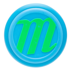 Close-up of a blue bat end cap with a raised green Marucci m logo and concentric circular design.