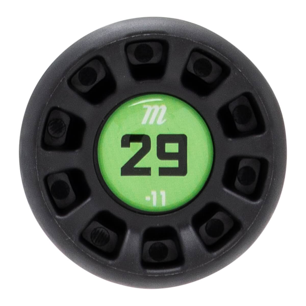 Top-down close-up of a black baseball bat end cap with a bright green center showing m, 29, and -11.