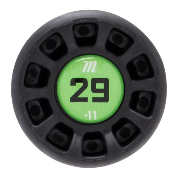 Top-down close-up of a black baseball bat end cap with a bright green center showing m, 29, and -11.