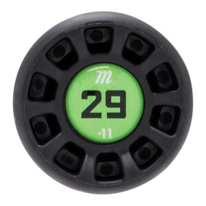 Top-down close-up of a black baseball bat end cap with a bright green center showing m, 29, and -11.